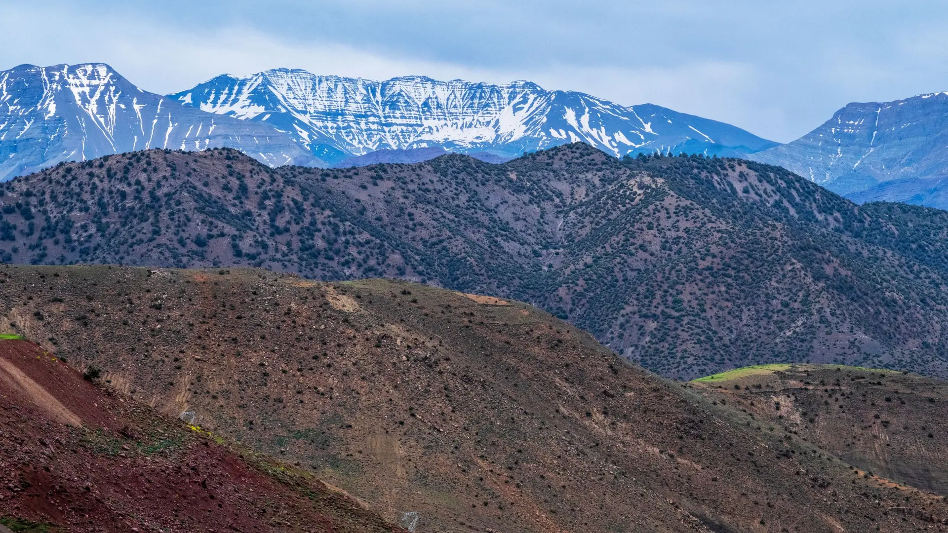 Snow on the high ridges of the High Atlas above wooded foothills