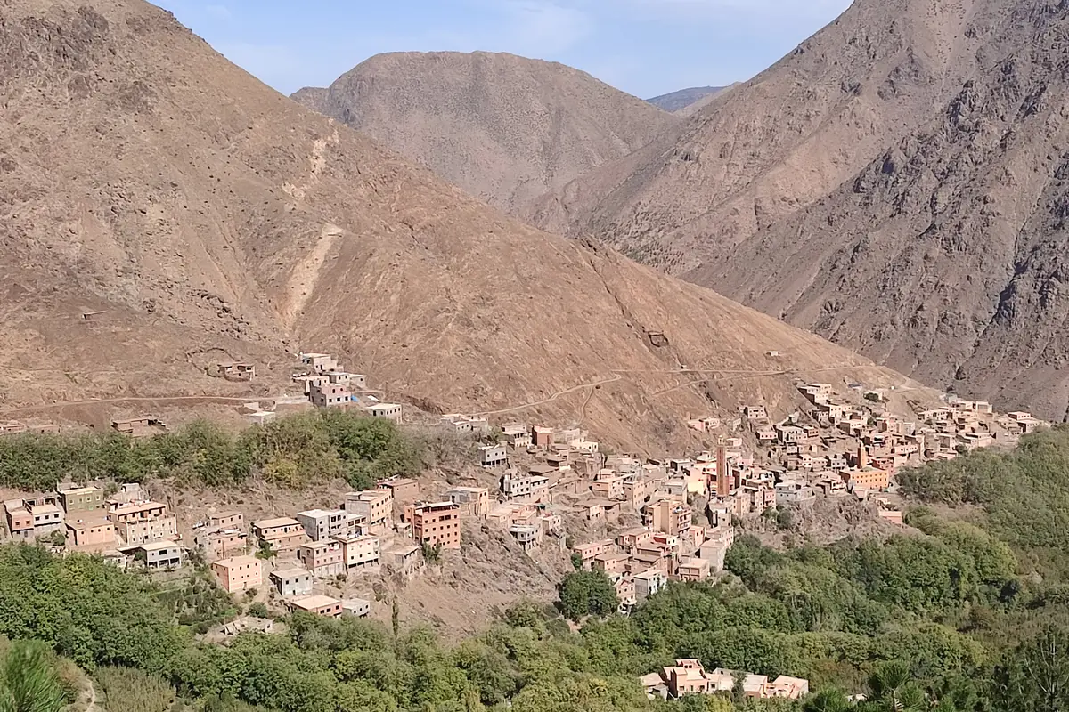 Imlil village and its walnut terraces below the mountains